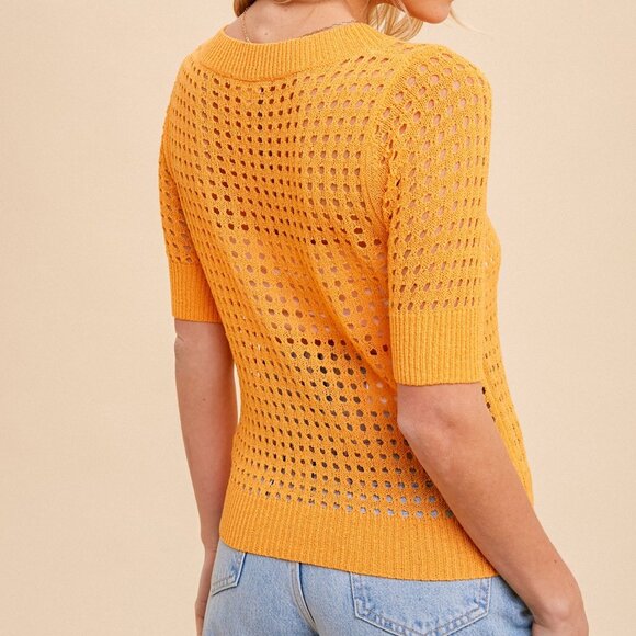 HEM & THREAD Honey Punch Golden Marigold Open-Knit Short Sleeve Sweater Top - Picture 3 of 5